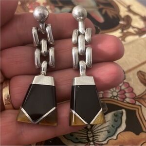 Vintage Sterling Tigers Eye & Black Onyx Long Dangling Earrings 27 Grams